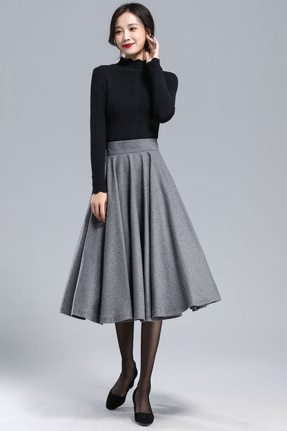 Gray Wool Pleated Midi Skirt - High Waist A-Line Silhouette 3168