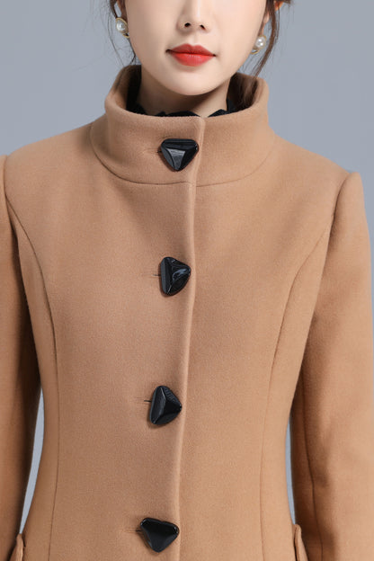 Camel Wool Blend Long Coat - Single Breasted, Stand Collar 3201