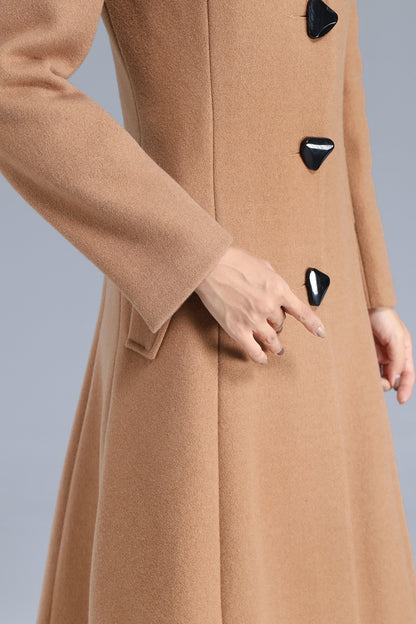 Camel Wool Blend Long Coat - Single Breasted, Stand Collar 3201