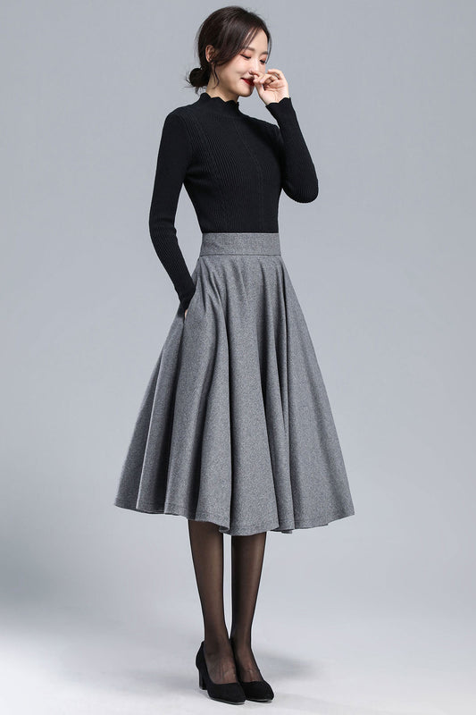 Gray Wool Pleated Midi Skirt - High Waist A-Line Silhouette 3168