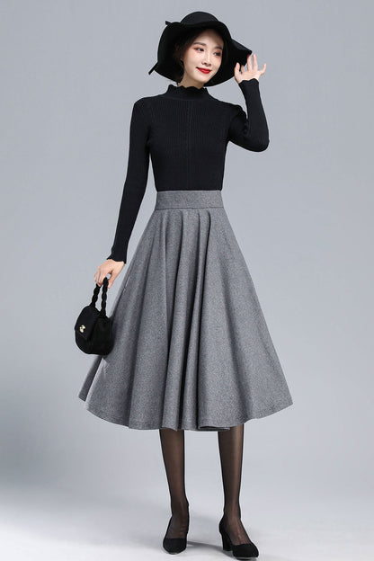 Gray Wool Pleated Midi Skirt - High Waist A-Line Silhouette 3168