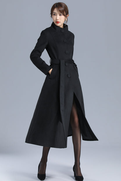 Black Wool Blend Coat - High Neck, Belted, Mid-Calf Length 3202