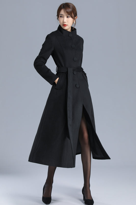 Black Wool Blend Coat - High Neck, Belted, Mid-Calf Length 3202