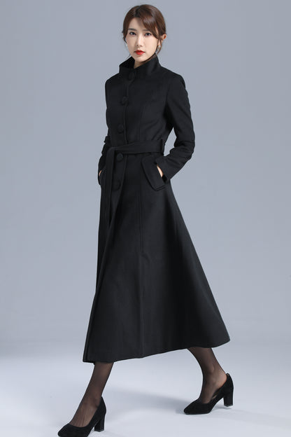Black Wool Blend Coat - High Neck, Belted, Mid-Calf Length 3202