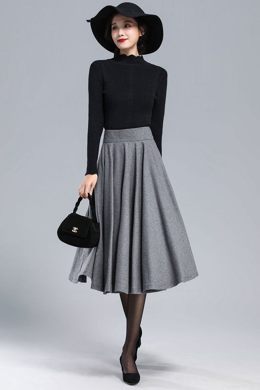 Gray Wool Pleated Midi Skirt - High Waist A-Line Silhouette 3168