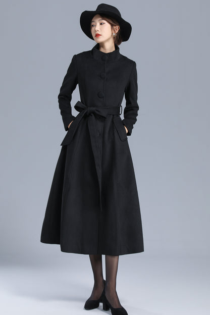 Black Wool Blend Coat - High Neck, Belted, Mid-Calf Length 3202