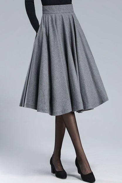 Gray Wool Pleated Midi Skirt - High Waist A-Line Silhouette 3168
