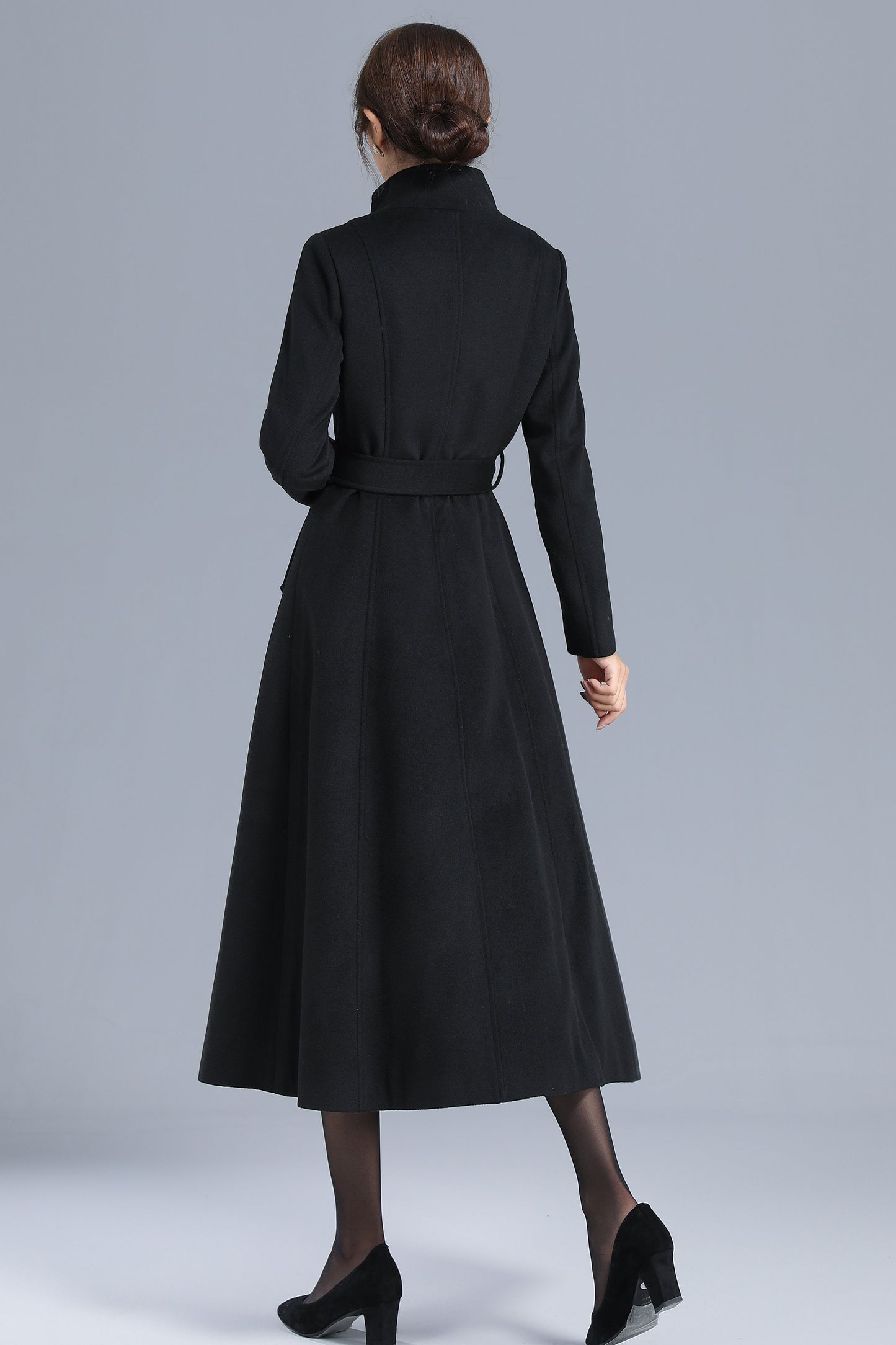 High Neck Black Wool Coat Women 3202