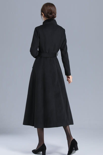 Black Wool Blend Coat - High Neck, Belted, Mid-Calf Length 3202