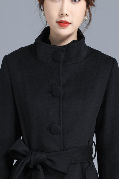 Black Wool Blend Coat - High Neck, Belted, Mid-Calf Length 3202