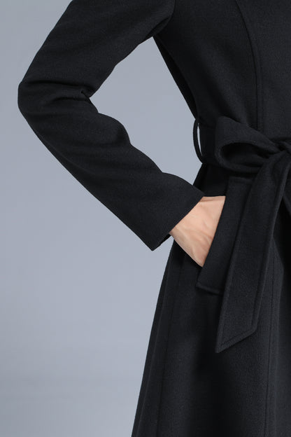 Black Wool Blend Coat - High Neck, Belted, Mid-Calf Length 3202