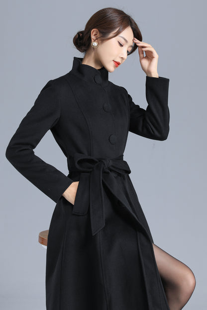 Black Wool Blend Coat - High Neck, Belted, Mid-Calf Length 3202