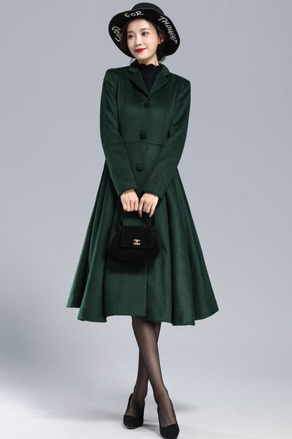 Xiaolizi Green Fit and Flare Wool Coat for Women – Handmade Vintage Mid-Calf Winter Coat 3169