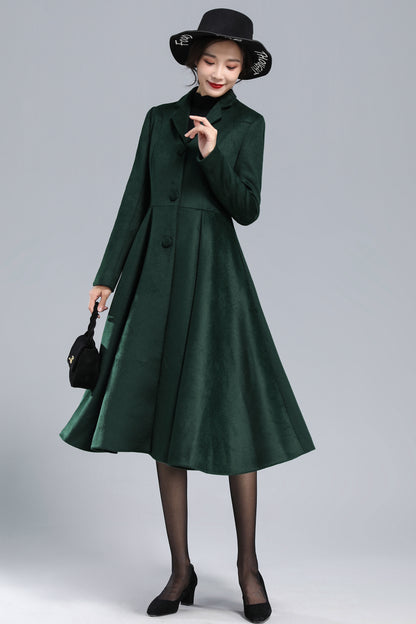 Xiaolizi Green Fit and Flare Wool Coat for Women – Handmade Vintage Mid-Calf Winter Coat 3169