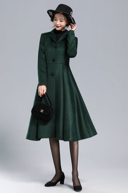 Xiaolizi Green Fit and Flare Wool Coat for Women – Handmade Vintage Mid-Calf Winter Coat 3169