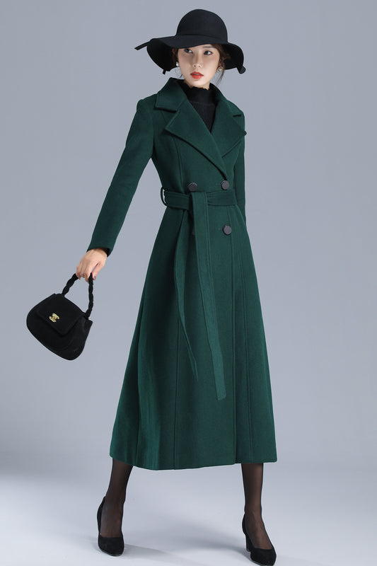 Army Green Wool Coat - Double Breasted with Belted Waist 3203