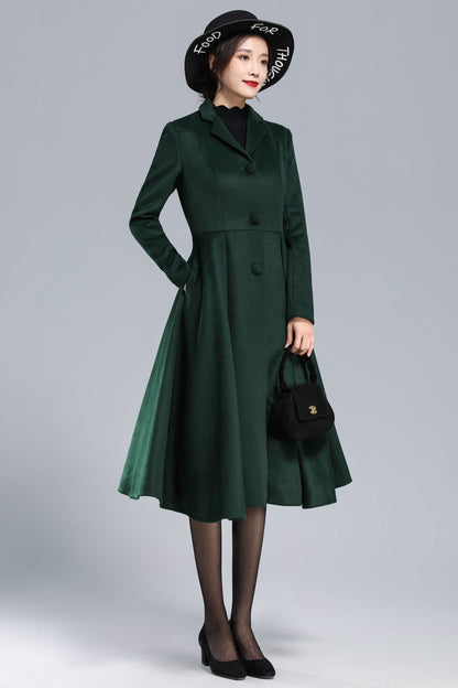 Xiaolizi Green Fit and Flare Wool Coat for Women – Handmade Vintage Mid-Calf Winter Coat 3169