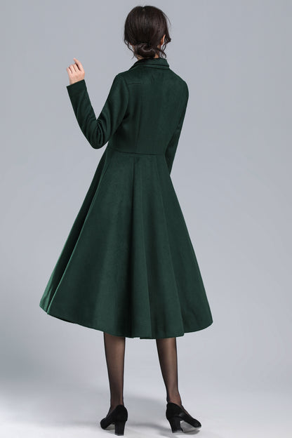 Xiaolizi Green Fit and Flare Wool Coat for Women – Handmade Vintage Mid-Calf Winter Coat 3169