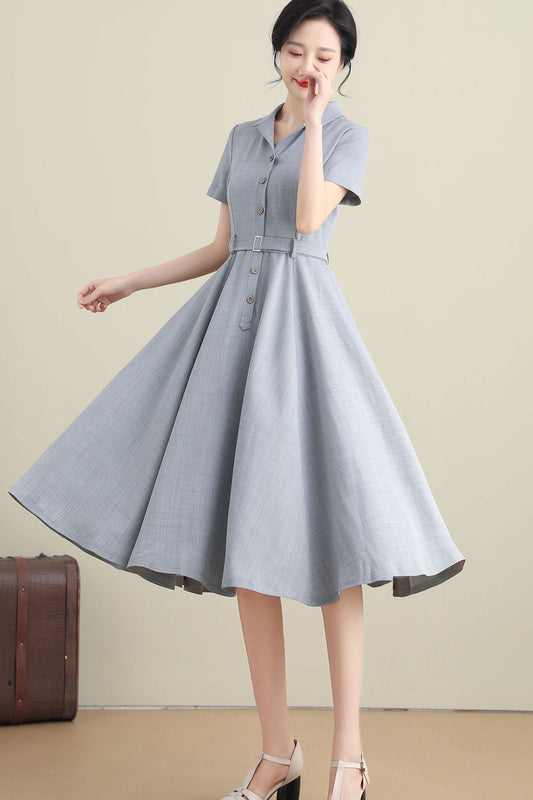 Women 1950s Retro Short Sleeve Swing Shirtwaist Dress 3272#CK2101638