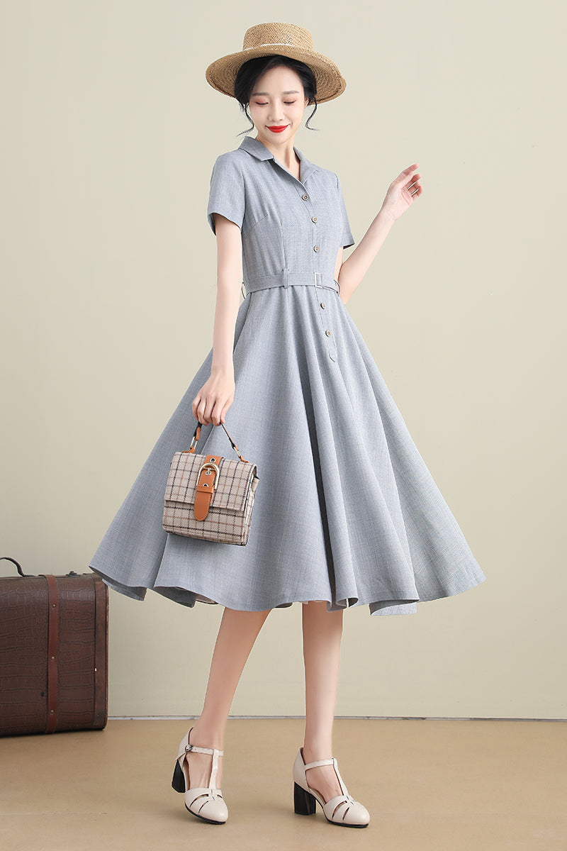 Women 1950s Retro Short Sleeve Swing Shirtwaist Dress 3272#CK2101638