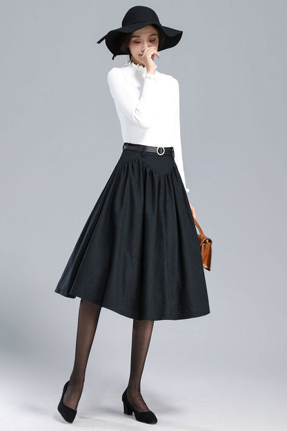 Black Wool Pleated Midi Skirt - High Waist Vintage Style 3170