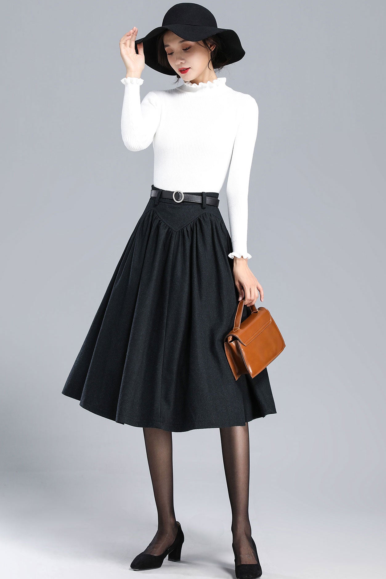 High Waist Skirt, Pleated Midi Skirt 3170