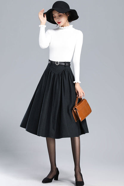 Black Wool Pleated Midi Skirt - High Waist Vintage Style 3170