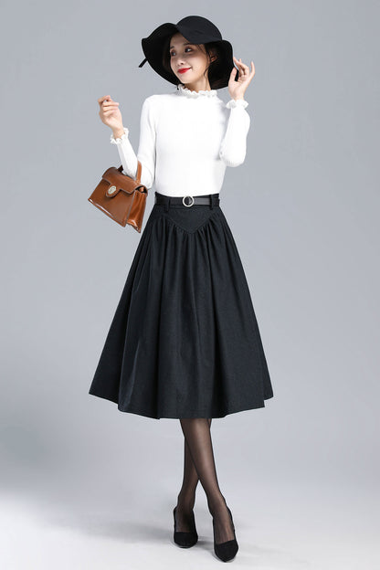 Black Wool Pleated Midi Skirt - High Waist Vintage Style 3170
