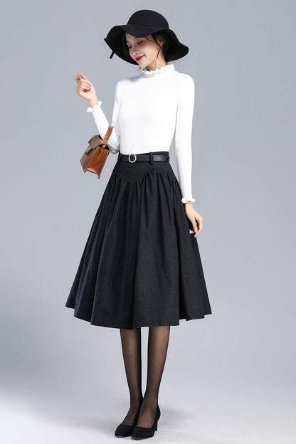 Black Wool Pleated Midi Skirt - High Waist Vintage Style 3170