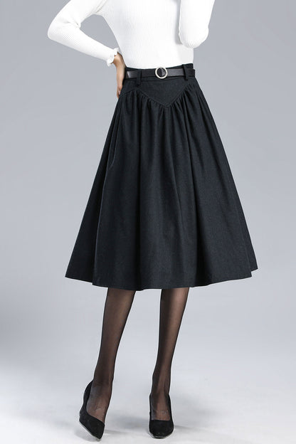 Black Wool Pleated Midi Skirt - High Waist Vintage Style 3170