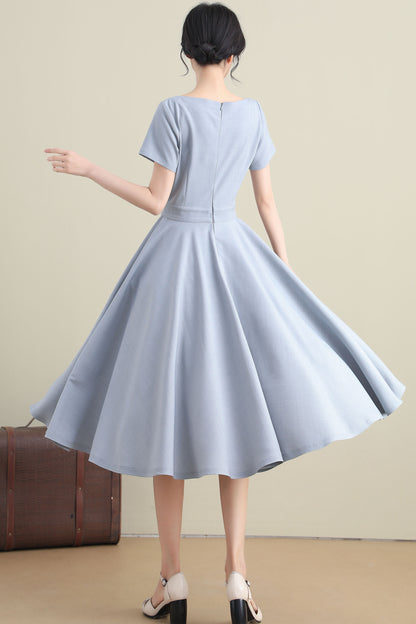 Light Blue Linen Cotton Midi Dress - High Waist Flared Swing 3273