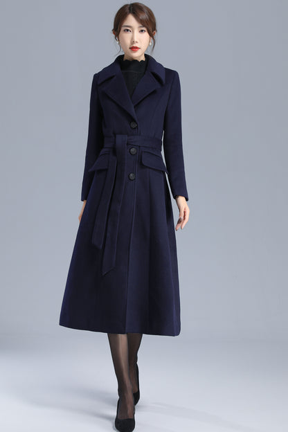 Navy Wool Coat - Single Breasted with Belted Waist 3205