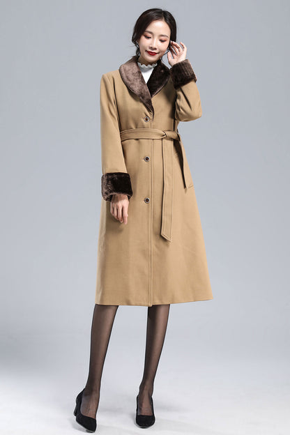 Camel Wool Coat – Vintage Belted Overcoat with Faux Fur Collar & Cuffs 3171