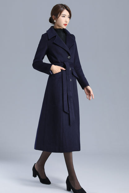 Navy Wool Coat - Single Breasted with Belted Waist 3205