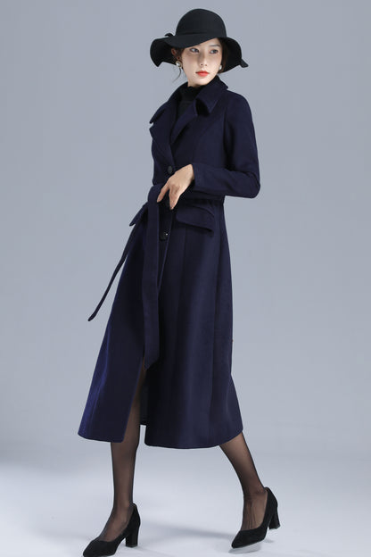 Navy Wool Coat - Single Breasted with Belted Waist 3205