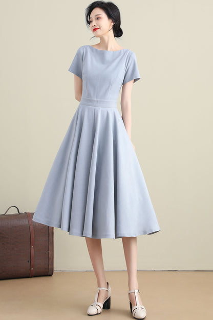 Light Blue Linen Cotton Midi Dress - High Waist Flared Swing 3273