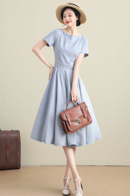 Light Blue Linen Cotton Midi Dress - High Waist Flared Swing 3273