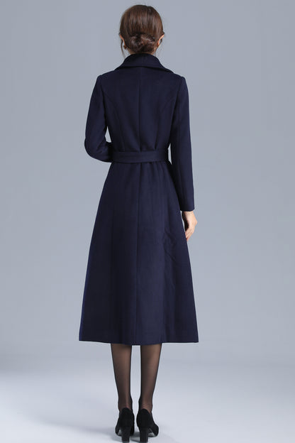 Navy Wool Coat - Single Breasted with Belted Waist 3205