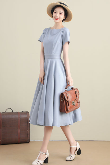 Light Blue Linen Cotton Midi Dress - High Waist Flared Swing 3273