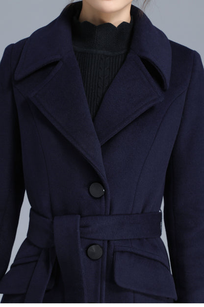 Navy Wool Coat - Single Breasted with Belted Waist 3205
