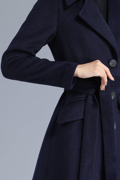 Navy Wool Coat - Single Breasted with Belted Waist 3205