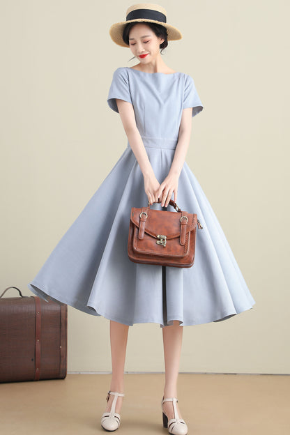 Light Blue Linen Cotton Midi Dress - High Waist Flared Swing 3273