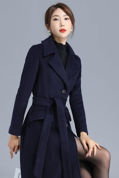 Navy Wool Coat - Single Breasted with Belted Waist 3205