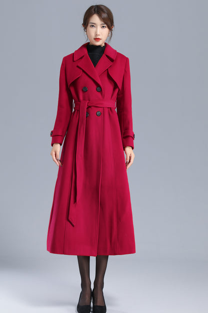 Red Wool Long Coat - Double Breasted Belted Silhouette 3206
