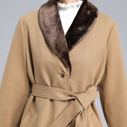 Camel Wool Coat – Vintage Belted Overcoat with Faux Fur Collar & Cuffs 3171