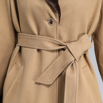 Camel Wool Coat – Vintage Belted Overcoat with Faux Fur Collar & Cuffs 3171