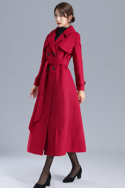Red Wool Long Coat - Double Breasted Belted Silhouette 3206