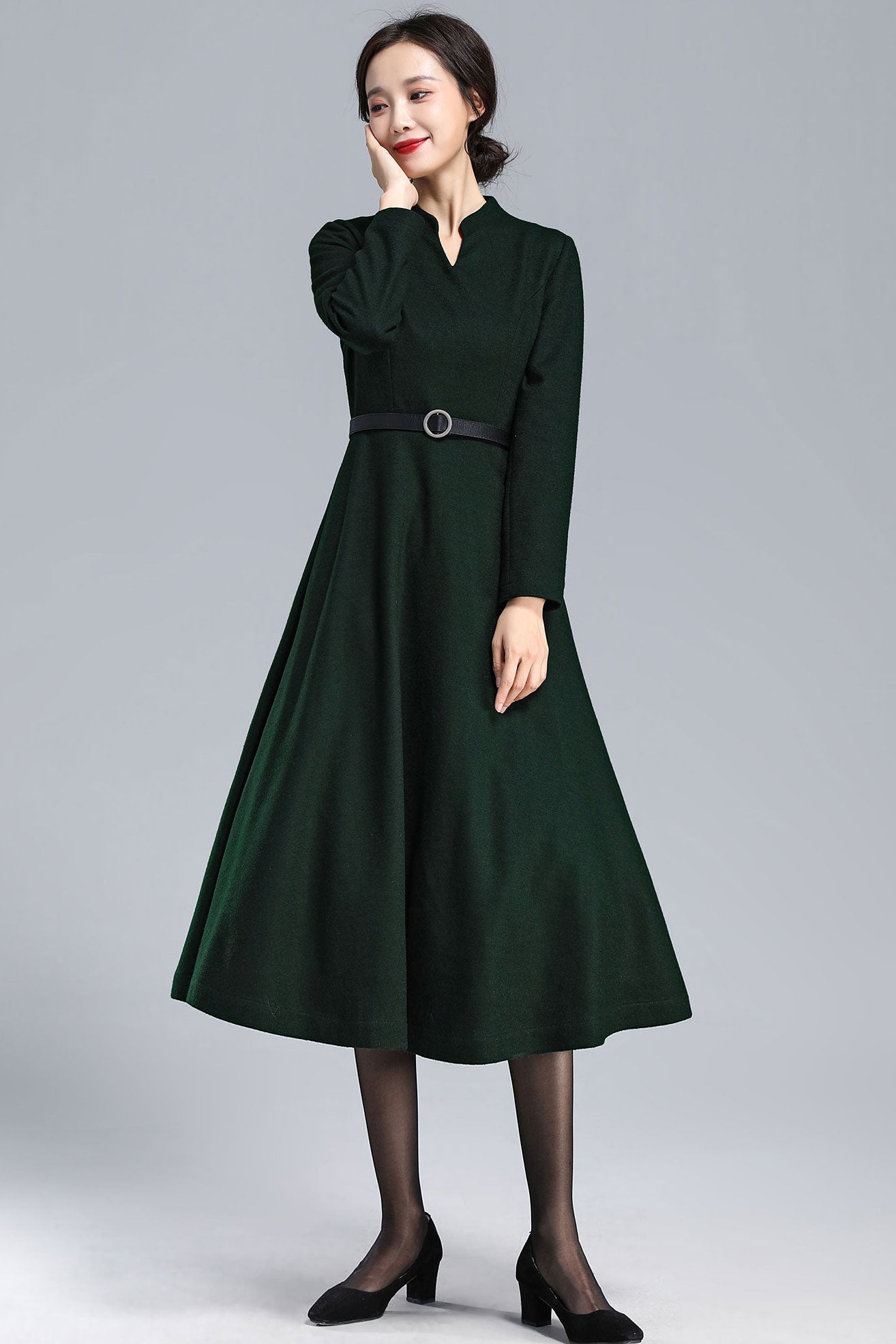 Emerald Green Winter Long Wool Dress 3175