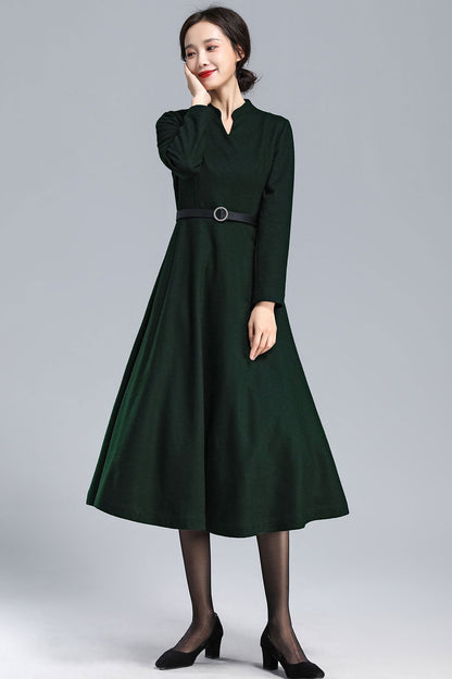 Emerald Green Wool Midi Dress - Fit and Flare with V-Neck 3175