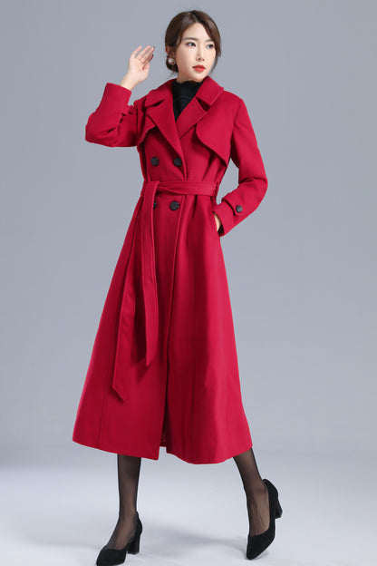 Red Wool Long Coat - Double Breasted Belted Silhouette 3206